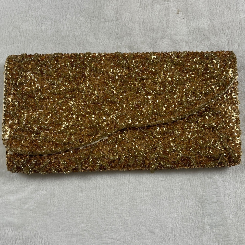 La Regale Ltd Vintage Gold Sequined Clutch Handmade Hong Kong Evening Bag Damage